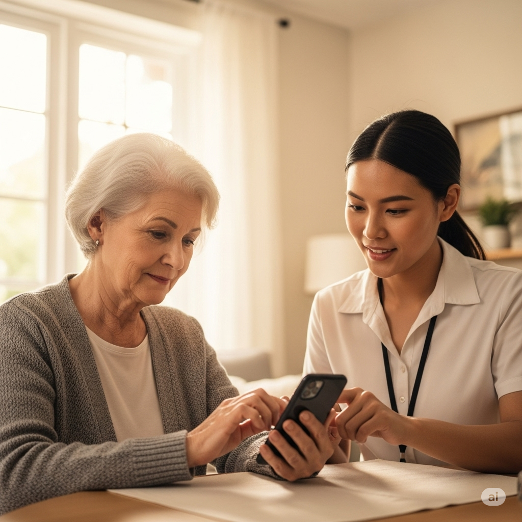 Senior woman learning from a tech coach