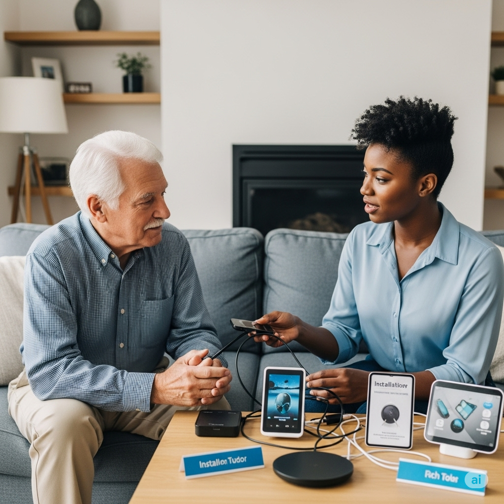 Tech expert setting up a new device for a senior