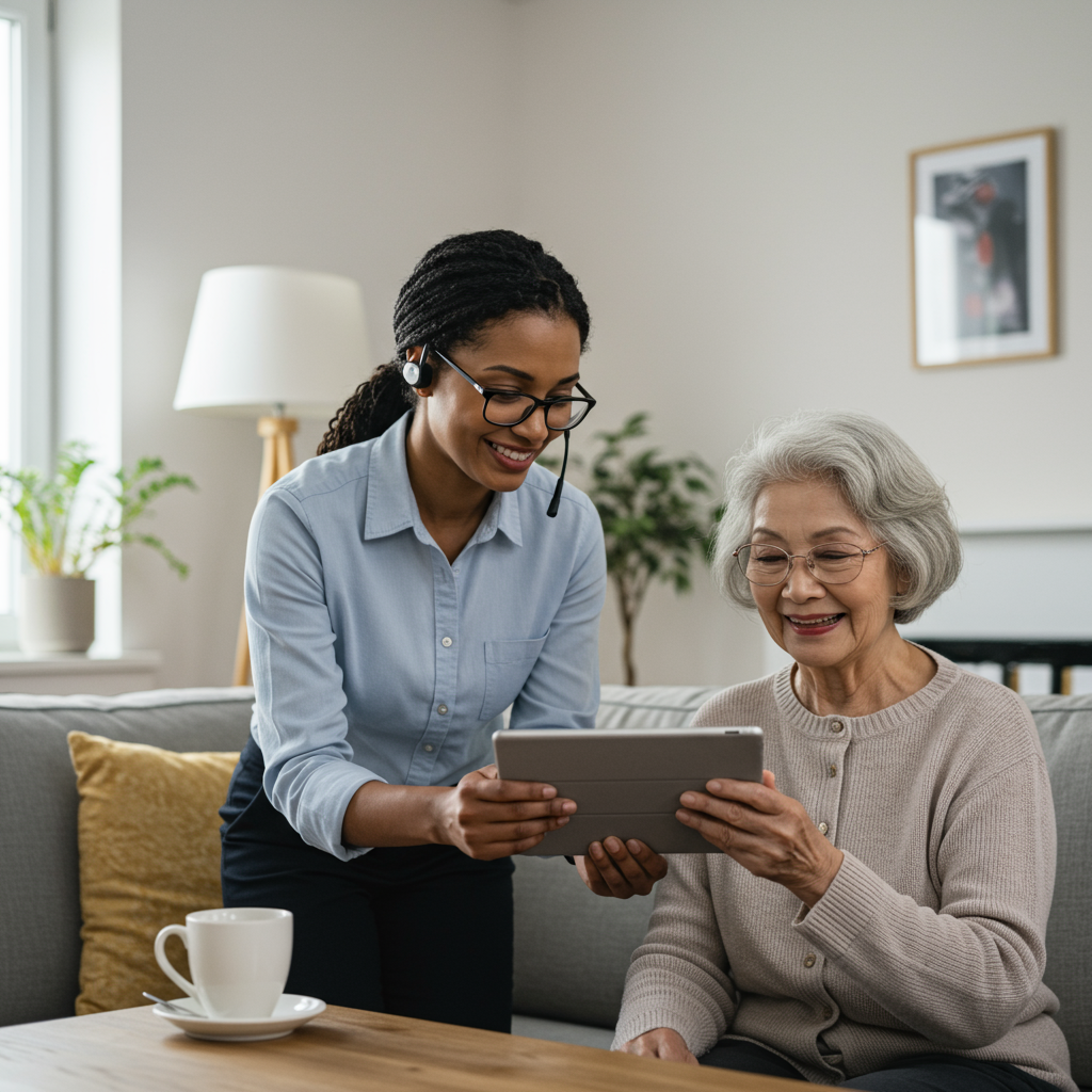 Senior woman happily using a tablet with a tech support person